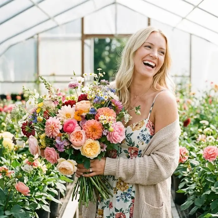 Frau freut sich über einen Blumenstrauß