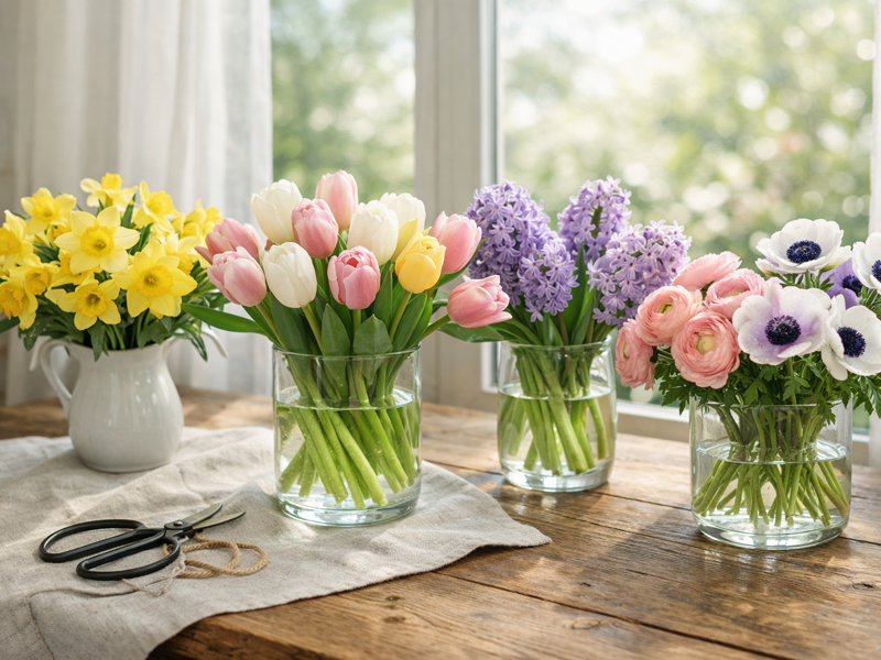 Bunter Frühlingsstrauß mit Tulpen, Ranunkeln und Anemonen in einer Glasvase